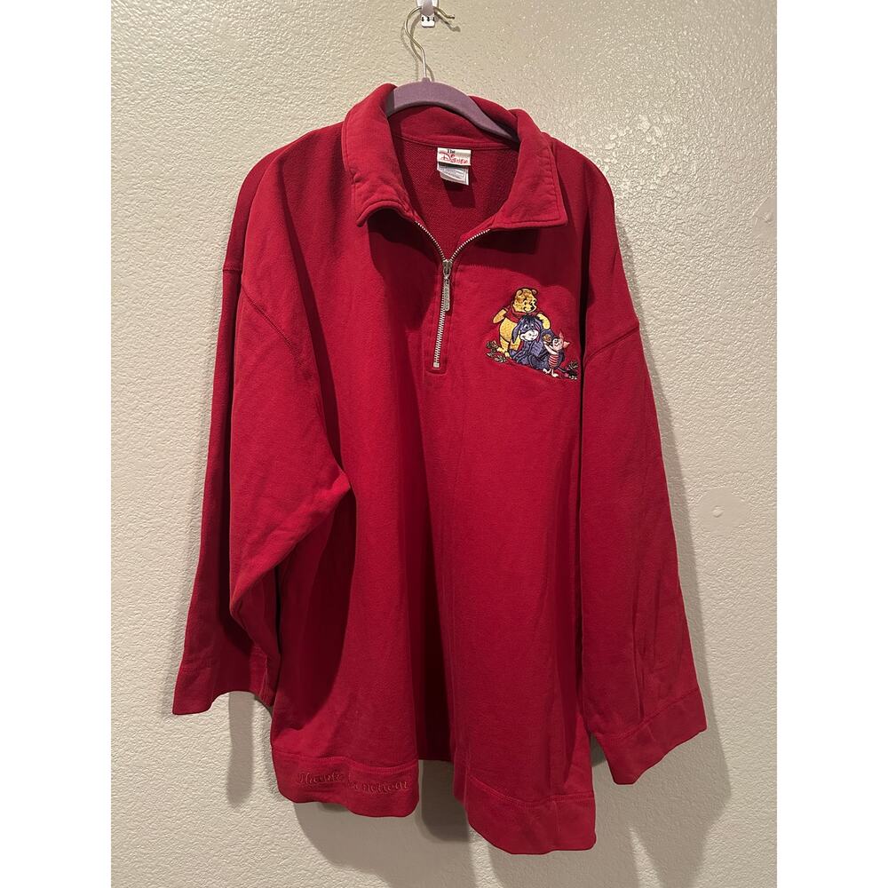 Vintage Disney Store Eeyore Winnie Pooh Piglet Embroidered Red Quarter Zip XXL